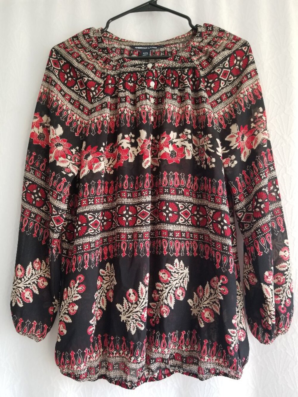 Floral Semi Sheer Peasant Top Boho Blouse Medium